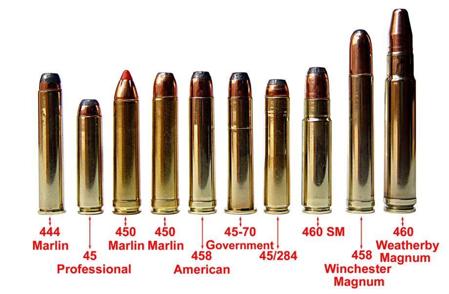 Positionnement du calibre 450 MARLIN face à d'autres calibres montant une balle de diamètre ou de la classe équivalente. Le 444 Marlin est présenté pour comparaison.